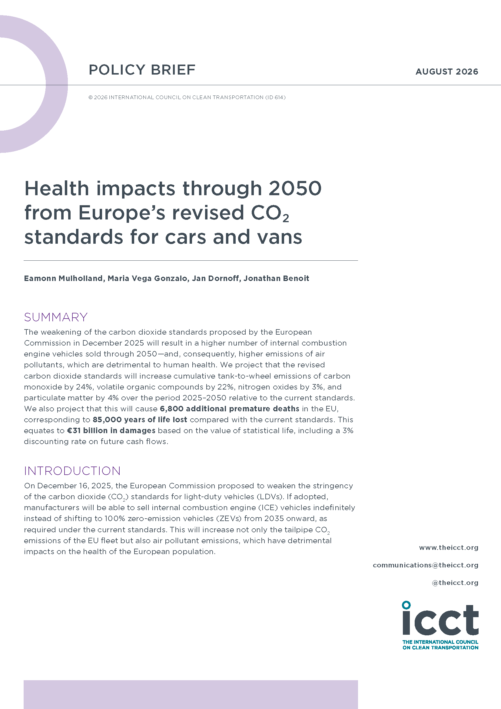 欧盟修订乘用车和厢式货车CO₂排放标准对2050年前公众健康的影响